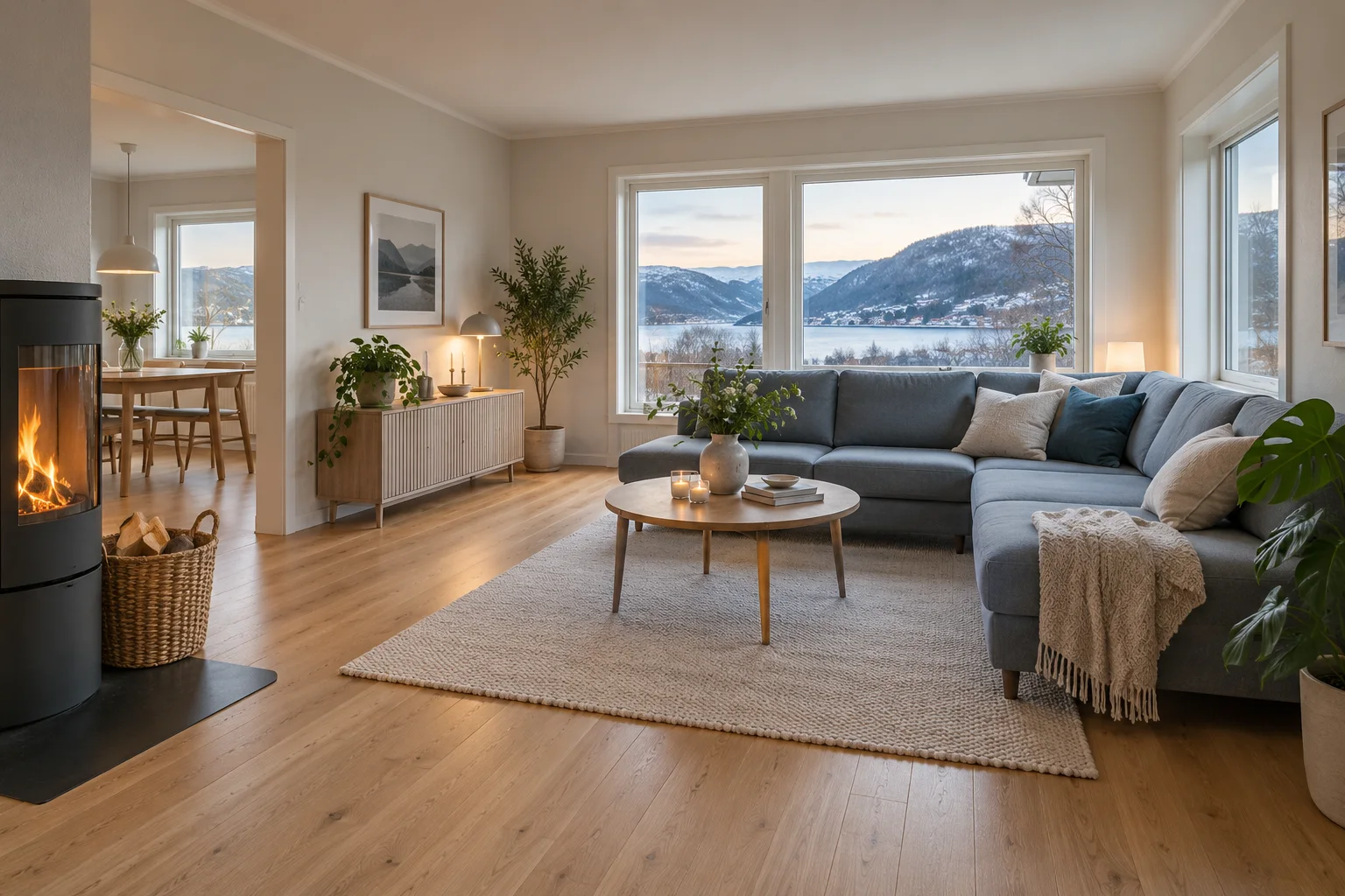 Lys stue med eikegulv, lyse vegger og blågrå sofa etter en illustrert renovering.
