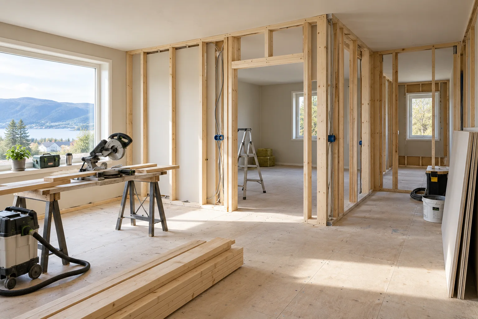 Rom under renovering med synlige trestendere, undergulv og ryddig arbeidsområde.